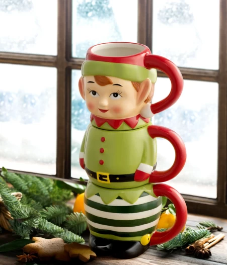 Mr. Christmas 12 oz. Set of 3 Ceramic Stacking Mugs - Elf